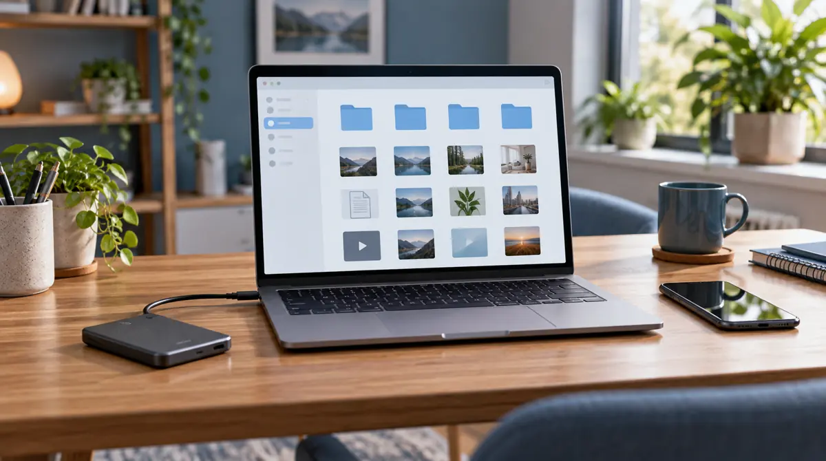 Laptop with a file interface beside an external SSD and smartphone on a desk.