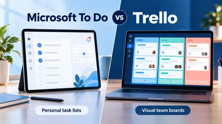 Microsoft To Do vs Trello illustration showing a personal checklist and a visual team board.