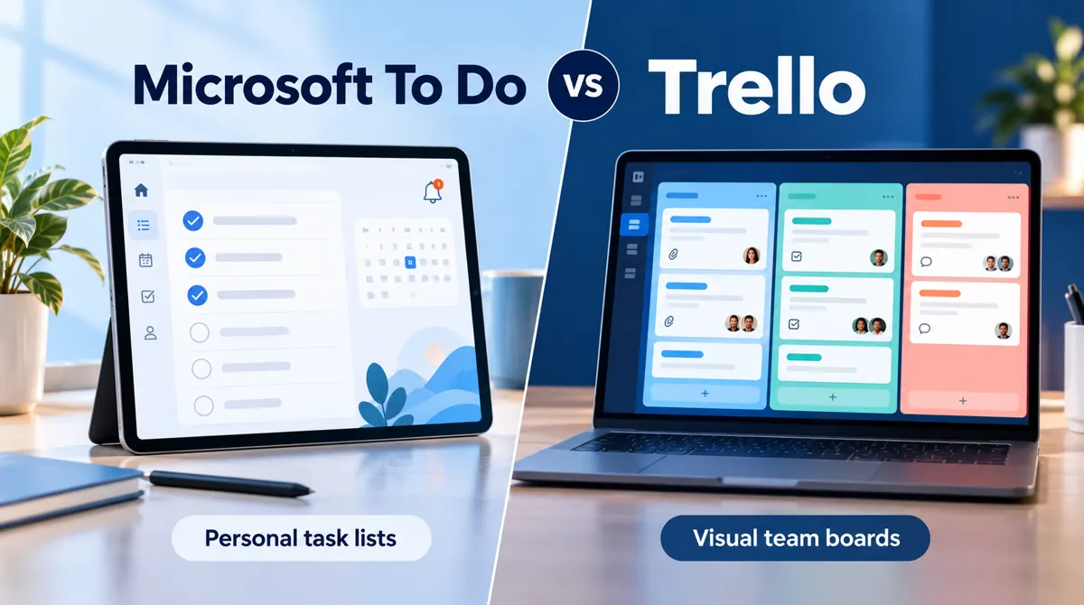 Microsoft To Do vs Trello illustration showing a personal checklist and a visual team board.